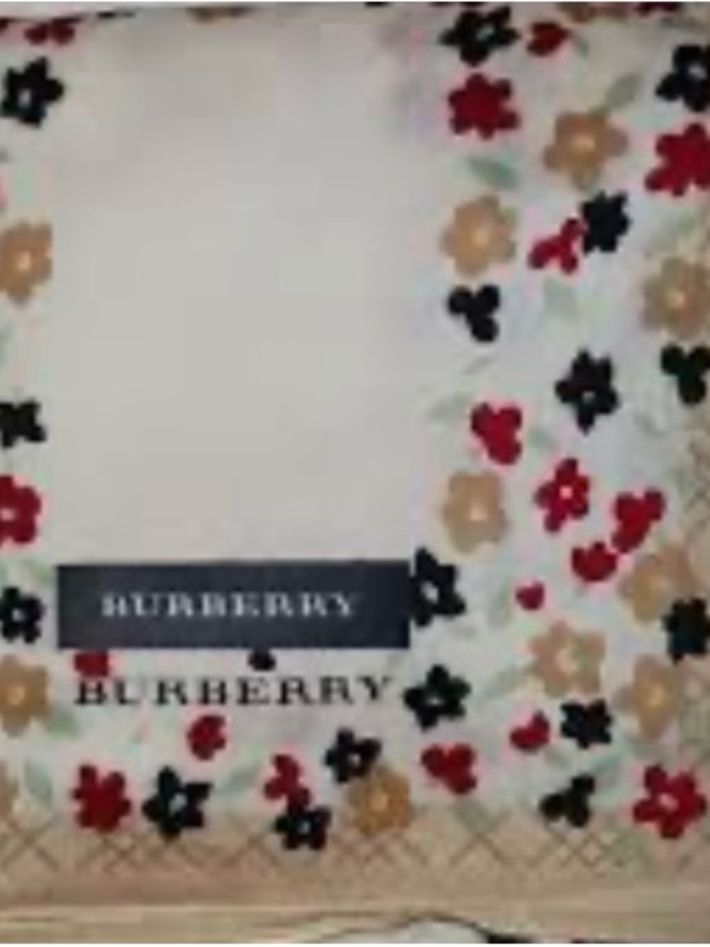 Burberry Cream Scarf with Red, Black and Tan Floral Border